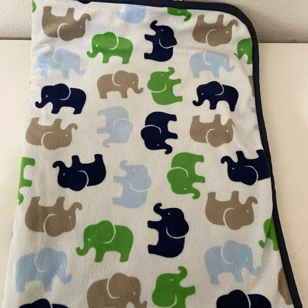 Carter’s Elephant Baby Blanket 30x40 Green Blue Tan Navy White Plush Sherpa